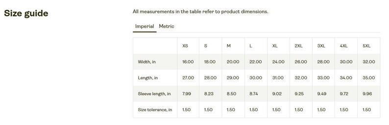 May include: Size chart for a garment with measurements in inches for width, length, and sleeve length. The chart includes sizes XS through 5XL.