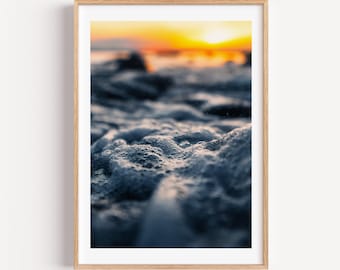 Zonsondergangschuim | Kustfotografieprint | Muurkunst gouden uur strandtafereel | Digitale download voor woondecoratie