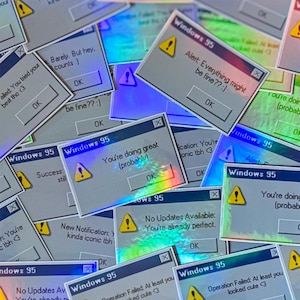 Windows 95 Fehlernachricht Aufkleber - Retro Motivations-Vinyl-Aufkleber - Lustige Y2K ästhetische Laptop-Aufkleber - holografisches Finish (7er-Pack)