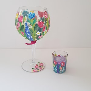 Flower Gin Glass Gift Handpainted Glassware unique Wildflower design Gin Glass with Matching candle and coaster