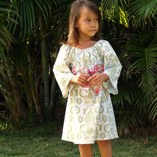 Girls Tunic Dress Green White Tonal