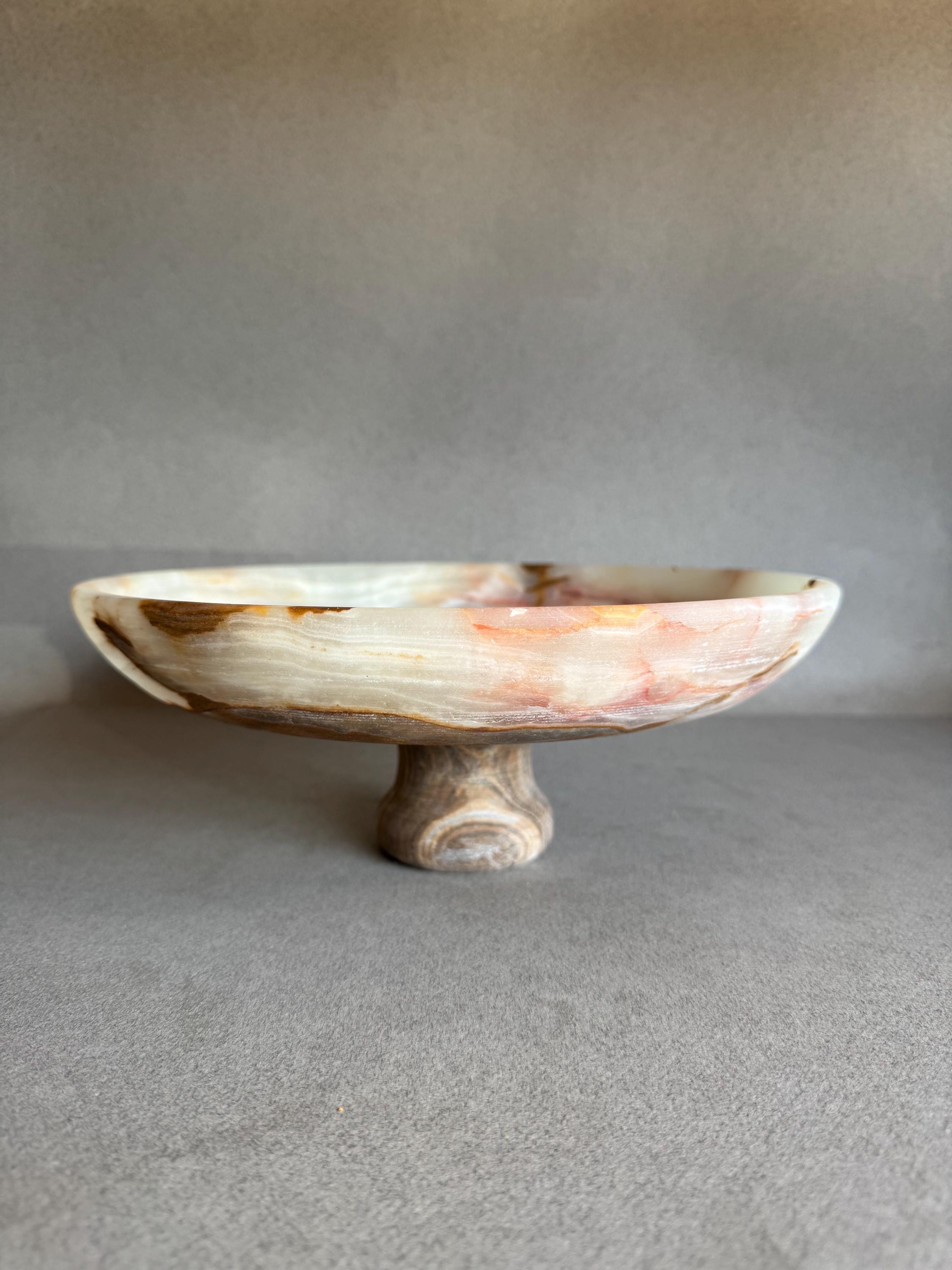 Hand-Carved Onyx Pedestal Bowl – Natural Stone Fruit Bowl | Cream, Amber & Terracotta Veins | Sculptural Centerpiece | Wabi Sabi Home Decor