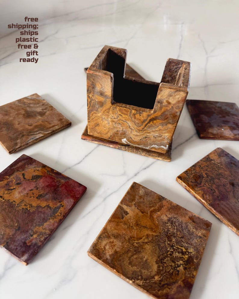 Brown Coaster Set of 6 with Holder | Onyx Marble Natural Stone Drink Coasters | SAÉA