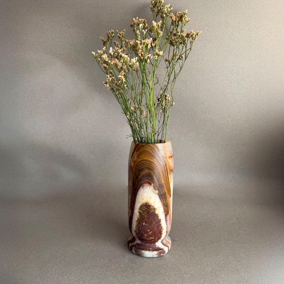 Espresso Brown & Ivory Onyx Pedestal Vase – Hand Carved Natural Stone | Wabi Sabi | SAÉA