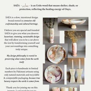 Pode incluir: A imagem apresenta v&aacute;rios objetos de arte em pedra, incluindo vasos, pratos, casti&ccedil;ais e x&iacute;caras. Os objetos s&atilde;o em tons de branco, bege e marrom. O texto na imagem diz "SA&Eacute;A ART OBJECTS IN STONE".
