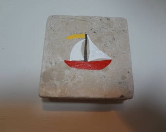 Hand painted Sailboat Stoneware Coasters, Set of 4 , Nautical coasters, painted coasters, personalized coasters, stoneware coasters,