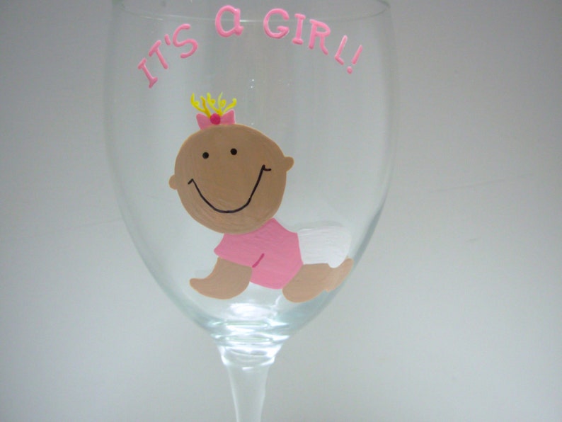 Baby Girl Wine Glass, Personalized Handpainted Wine Glass, It's A Girl Wine Glass, New Baby Wine Glass, Handpainted Wine Glass, Baby Shower image 2