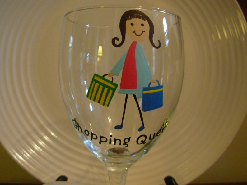 Shopping Wine Glass, Handpainted Wine Glass, Personalized Wine Glass, handpainted glassware, painted wine glass, shopping queen glass image 1