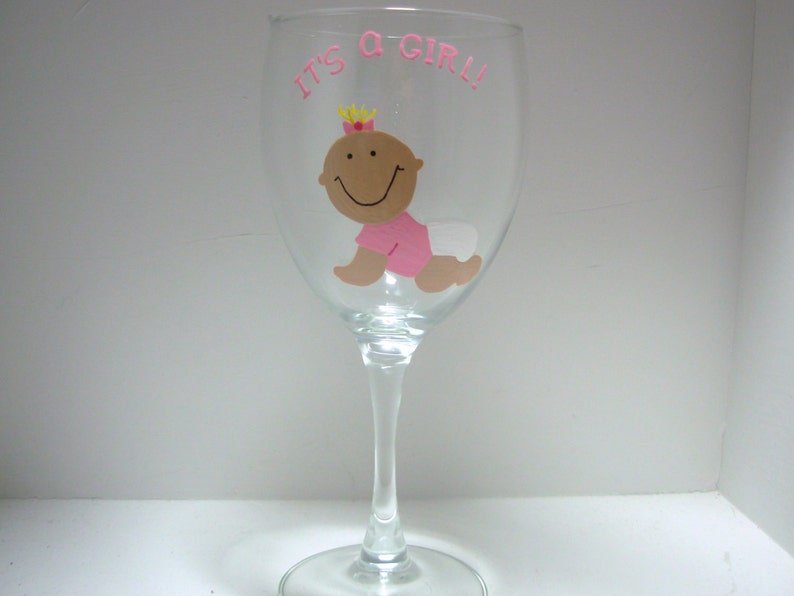 Baby Girl Wine Glass, Personalized Handpainted Wine Glass, It's A Girl Wine Glass, New Baby Wine Glass, Handpainted Wine Glass, Baby Shower image 1