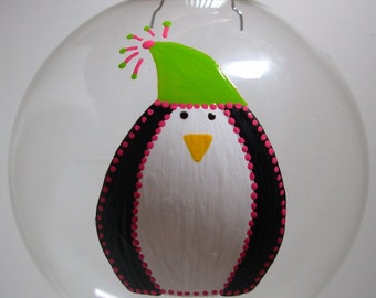 Penguin Christmas Ornament, Handpainted Glass Ball, Handpainted Christmas Ornament, Painted Christmas ball, Personalized gift,  Personalized
