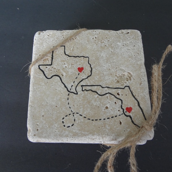 Handpainted State to State coaster Set of 4, Stone Coasters, State Coasters, Handpainted State Coasters, State to State Coaster Set