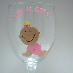 Baby Girl Wine Glass, Personalized Handpainted Wine Glass, It's A Girl Wine Glass, New Baby Wine Glass, Handpainted Wine Glass, Baby Shower image 3