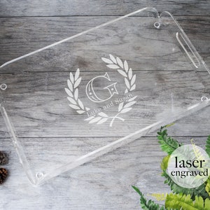 Monogrammed Acrylic Tray, Monogram tray, Rectangle Butler Tray 16" x 10" and 16" x 6.5", Wedding Gift, Monogram tray, Tray with handles