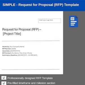 Può includere: Modello di Richiesta di Proposta (RFP) blu e bianco con il testo "SIMPLE - Request for Proposal (RFP) Template". Include sezioni per il titolo del progetto, il nome dell'azienda, il numero RFP, la data di emissione, il contatto e la scadenza.