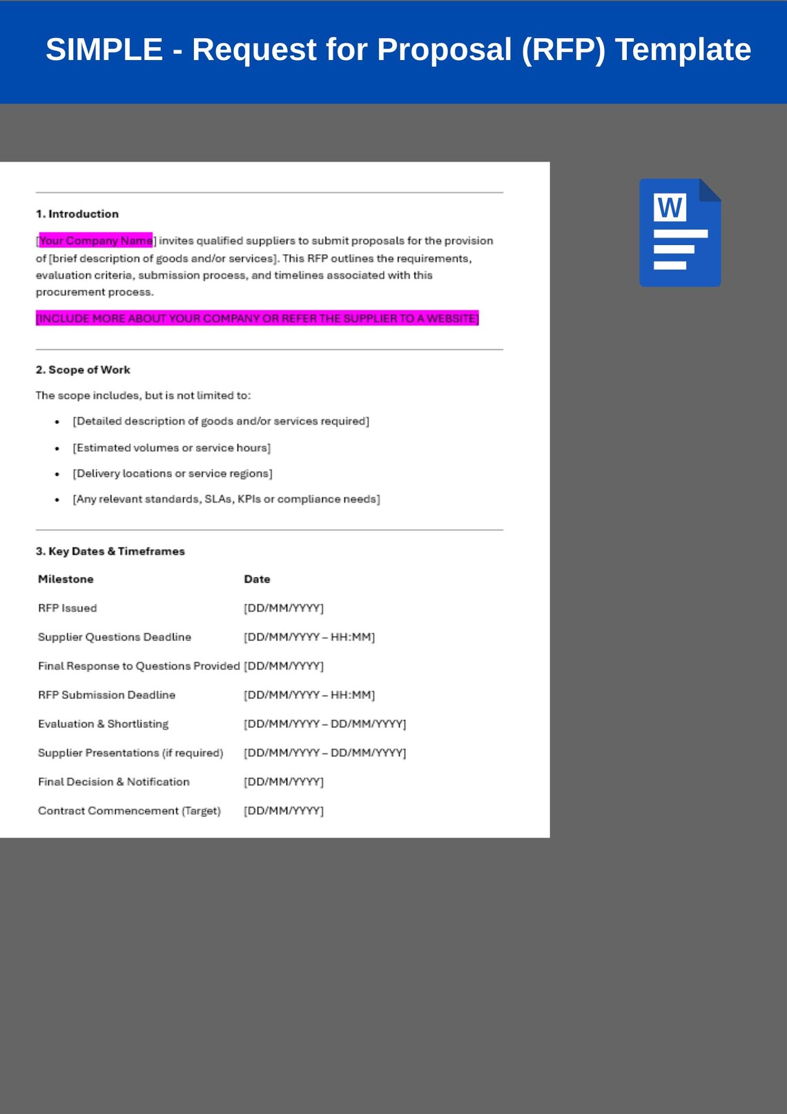 Sample Simple Rfp Template Editable RFP Template for Goods & Services | Microsoft Word ...
