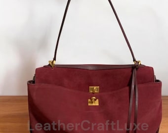 Luxus Wildleder Tragetasche - Große Leder Umhängetasche für Damen & Herren - Designer Unisex Handtasche - Klassische Wildleder Geldbörse mit Top Griff