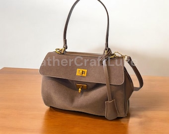 Luxus Wildleder Tragetasche - Große Leder Umhängetasche für Damen & Herren - Designer Unisex Handtasche - Klassische Wildleder Geldbörse mit Top Griff