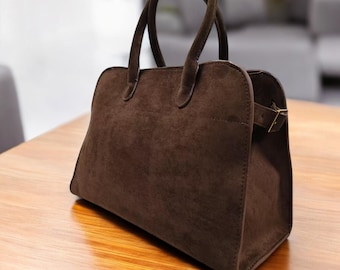 Coffee Suede Leather Tote Bag Luxury Margaux  Elegant Top Handle Purse Premium Womens Everyday Bag Leather Handbag Travel Bag