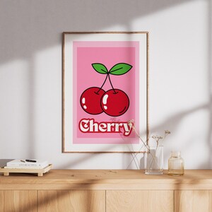 Cherries Wall Art, Cherry Poster Kitchen Decor, Cherries Retro Kitchen Art Print, Typography wall Art, Digital Download, Colorful Poster