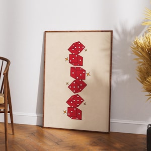 Lucky Me Dice Art Print, Retro Poster, Trendy Wall Art, Red Dice Prints, College Apartment Aesthetic Print, Funky Printable Wall Art Decor