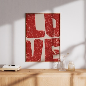 LOVE Poster, Retro Valentine Wall Art, Bold Minimalist Typography Print, 70s Preppy Aesthetic Decor, Red Romantic Trendy Digital Download