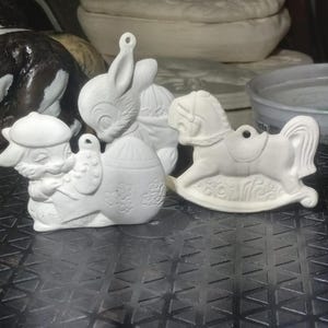 Holiday Ornaments, Rabbits, Carrousel Horse, Vintage and Vintage style, Collectible Bisque, Ready to paint
