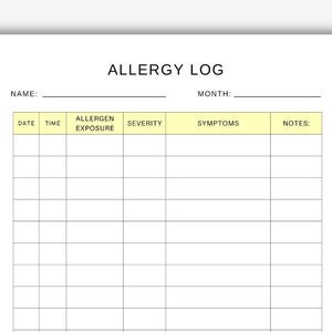 Op de afbeelding: Een printbaar allergie-logboek met kolommen voor datum, tijd, blootstelling aan allergenen, ernst, symptomen en notities.