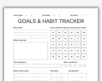Printable Goals and Habits Tracker, Habits Tracker Printable Sheet for Personal Development, Productivity, Wellness Management