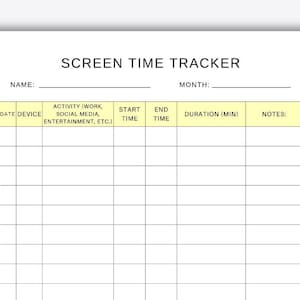 May include: A black and white printable screen time tracker with columns for date, device, activity, start time, end time, duration in minutes, and notes.