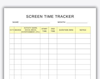 Printable Screen Time Tracker, Screen Time Log, Kids Screen Time, Family, Goals, Digital Download PDF