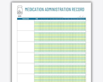 Puede incluir: Un gráfico de administración de medicamentos imprimible con un esquema de color azul y verde. El gráfico tiene columnas para la medicación, la hora y 31 días del mes.