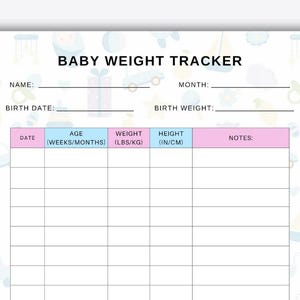May include: A printable baby weight tracker with a pink and blue colour scheme. The tracker includes sections for name, birth date, birth weight, date, age in weeks or months, weight in pounds and kilograms, height in inches and centimetres, and notes.