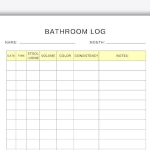 Puede incluir: Un registro de baño imprimible con columnas para la fecha, la hora, las heces/la orina, el volumen, el color, la consistencia y las notas.