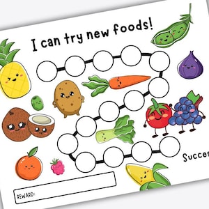 Könnte beinhalten: Ein druckbares Diagramm mit einem bunten Cartoon-Lebensmittelthema. Das Diagramm zeigt einen Pfad mit Kreisen zum Ausmalen und eine Vielzahl von Früchten und Gemüse mit fröhlichen Gesichtern. Der Text oben auf dem Diagramm lautet "Ich kann neue Lebensmittel probieren!" und der Text unten lautet "Belohnung:" und "Erfolg!"