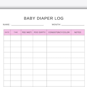 May include: A printable baby diaper log with columns for date, time, pee, poo, consistency/color, and notes.