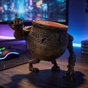 Puede incluir: Una estatua detallada de color bronce de una figura con forma de olla con brazos y piernas, mostrando el dedo medio. La estatua tiene intrincadas tallas y un interior rojo. Está colocada sobre un escritorio de madera con una configuración de juego.