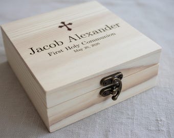 First Holy Communion Keepsake Box with Name and Date, Engraved Wooden Memory Box, Personalized Cross Gift, Optional Pocket Prayer Cross