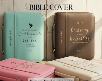 Personalized Bible Cover with Name & Scripture | Engraved Leather Christian Gift for Women | Bible Study Organizer Case