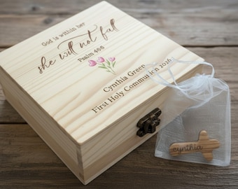 Personalized First Communion, Baptism, Keepsake Box, Engraved Name Gift, Baptism Box, UV Printed Floral Cross, Christian Gift for Girls