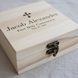 First Holy Communion Keepsake Box with Name and Date, Engraved Wooden Memory Box, Personalized Cross Gift, Optional Pocket Prayer Cross