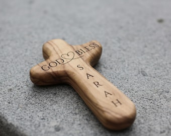 Handheld Prayer Cross: Personalized Olive Wood - God Bless Engraved