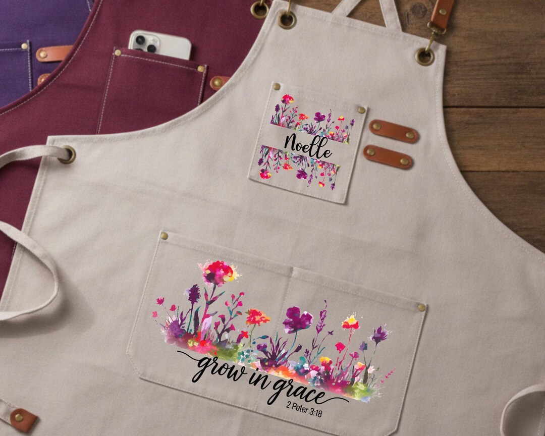 Floral Christian Canvas Apron With Name Customization, Grown in Grace ...