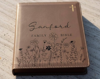 Family Bible: Leather Cover, Floral Engraving - Double Column Layout