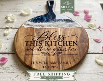 Personalized Christian Resin Charcuterie Board, Bless This Kitchen Gift, Faith Based Housewarming Gift, Family Name Serving Board