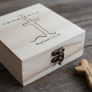 Engraved Baptism Keepsake Box • Personalized Pine Memory Box with Cross • Custom Name & Date Christening Gift