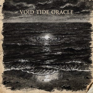 May include: A black and white illustration of a seascape with the text "VOID TIDE ORACLE" at the top. The artwork depicts waves, a shoreline, and a bright light reflecting on the water, creating a dramatic and moody scene.