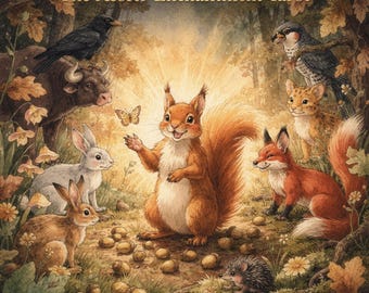 May include: A whimsical illustration of "The Acorn Enchantment Tarot" featuring a cheerful squirrel surrounded by forest animals. A crow, bull, rabbits, fox, and hedgehog are also present. The artwork has a warm, inviting color palette with a magical forest theme.
