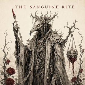 May include: A dark illustration titled THE SANGUINE RITE featuring a figure in a bird-like mask and ornate, skeletal robes. The figure holds a thin staff and a hanging censer dripping with red liquid, surrounded by thorny vines and red roses.