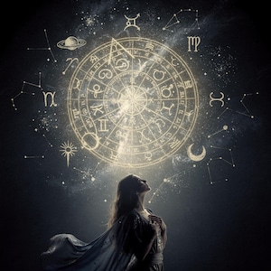 Könnte beinhalten: Eine Frau blickt auf ein leuchtendes goldenes Tierkreisrad, umgeben von Sternbildern und Himmelszeichen. Das Bild hat eine dunkle, mystische Ästhetik mit Fokus auf Astrologie und Kosmos.
