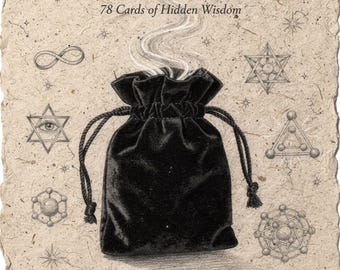 May include: A black velvet drawstring bag with the text "THE GRAPHITE GNOSIS" and "78 Cards of Hidden Wisdom" on a textured paper background. The bag is surrounded by various geometric and celestial illustrations in a pencil-drawn style.
